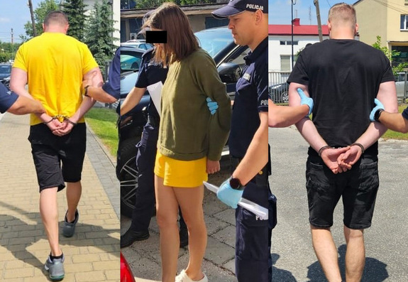 Kolaż zdjęć na których widać zatrzymanych dwóch mężczyzn oraz kobietę.