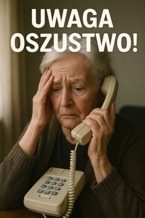 Kobieta trzymająca słuchawkę telefonu na górze obrazka napis uwaga oszustwo