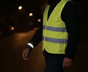 widoczna jest kamizelka odblaskowa na ubraniu człowieka w kolorze jaskrawo zielonym