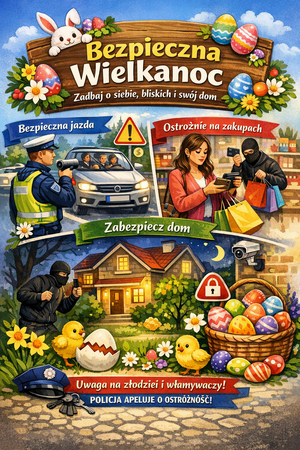 kolorowy rysunek z napisem bezpieczna wielkanoc