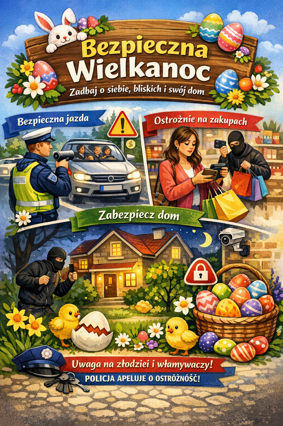 kolorowy rysunek z napisem bezpieczna wielkanoc